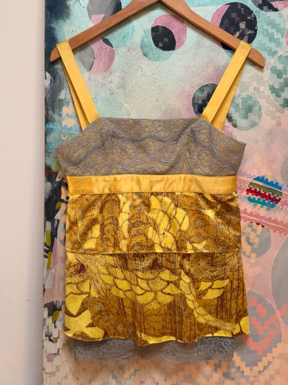 Just Cavalli Y2K Vintage Animal Print Top Sz Small Yellow Gold Satin Lace